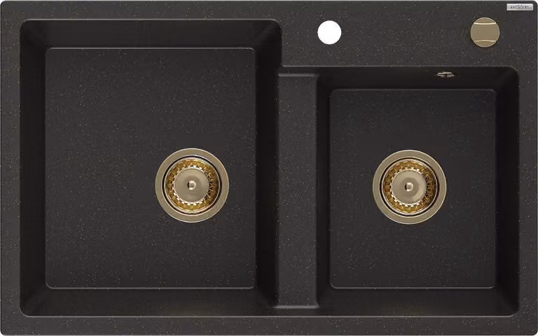 Mexen Tomas lavello da cucina in granito 2 vasche 800 x 500 mm, nero/oro metallico, sifone oro - 6516802000-75-G