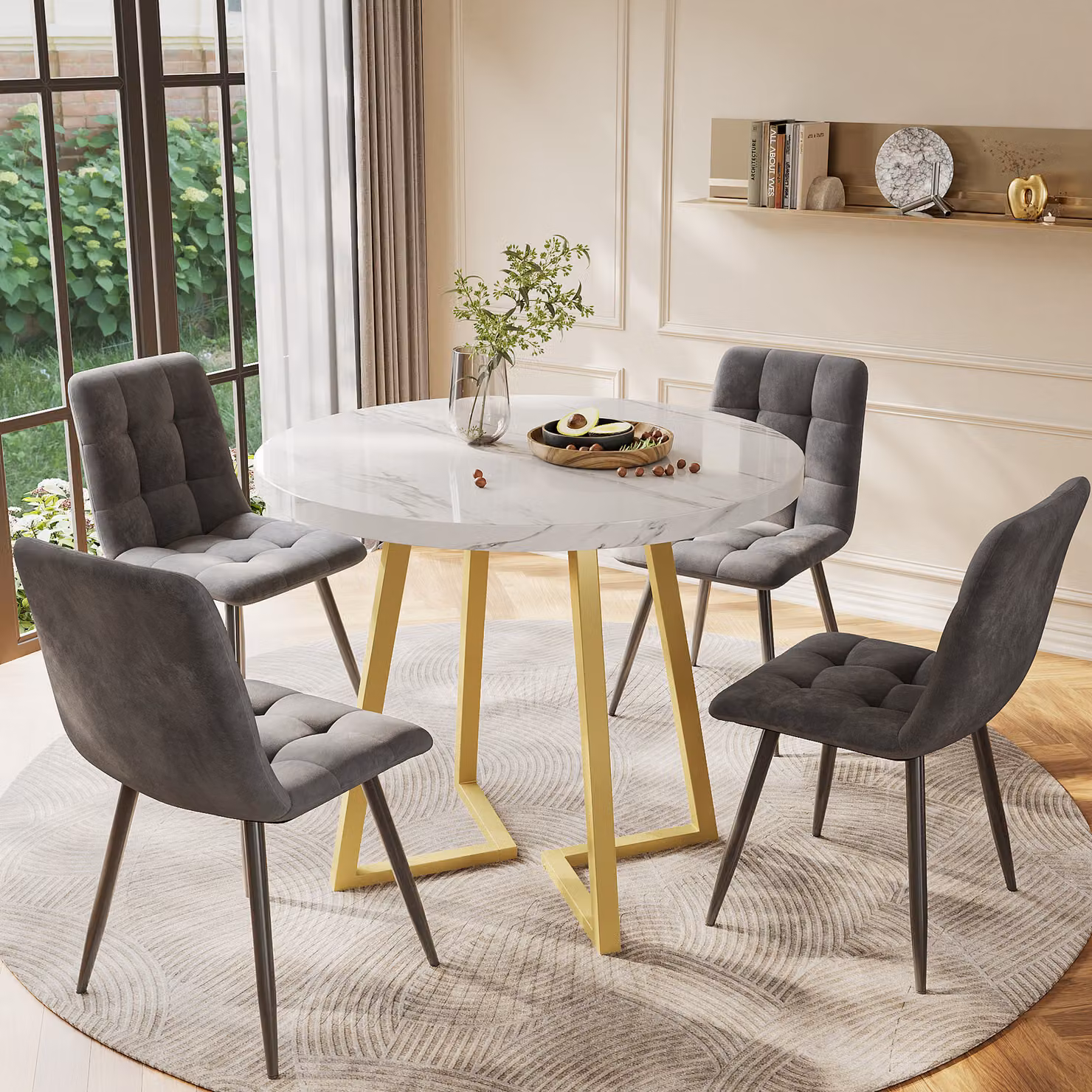 Set tavolo da pranzo Sweiko (5 pezzi), set tavolo da pranzo con 4 sedie, set tavolo da cucina moderno, tavolo da cucina rotondo con diametro di 80 cm e gambe in metallo dorato, piano tavolo in MDF bianco, sedie da pranzo in velluto grigio scuro