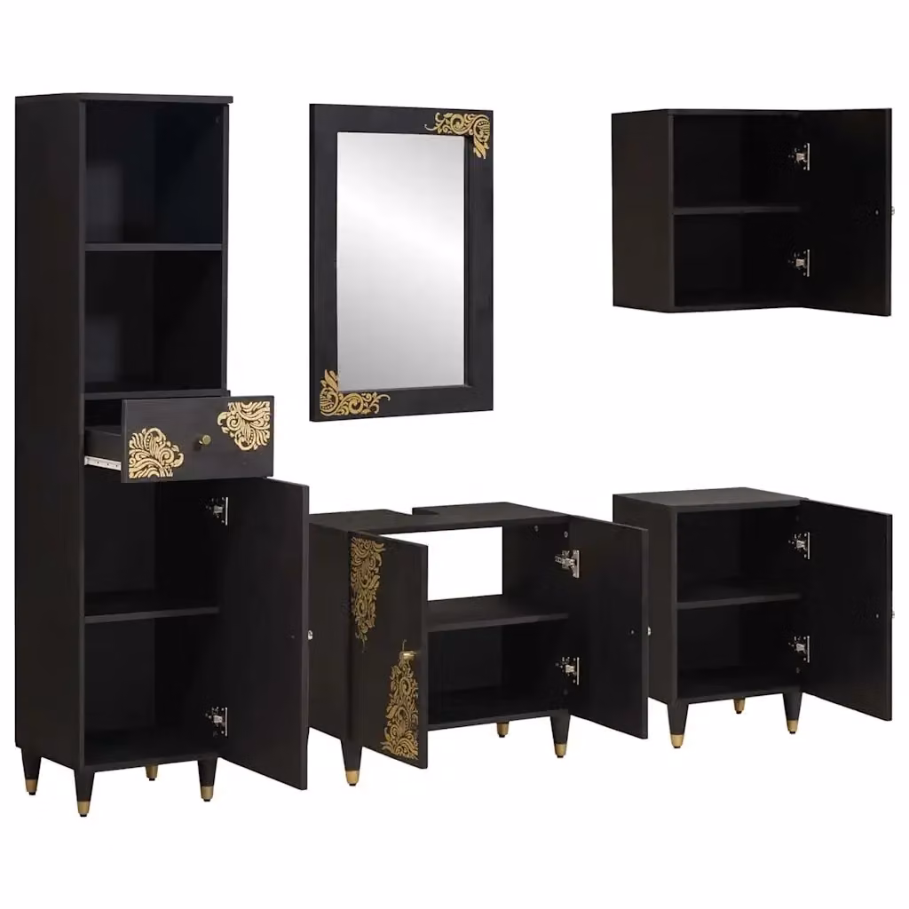 Set di mobili da bagno vidaXL in legno di mango massello stile rustico, nero e oro, L/P/H: 62 x 33 x 58 cm – 2