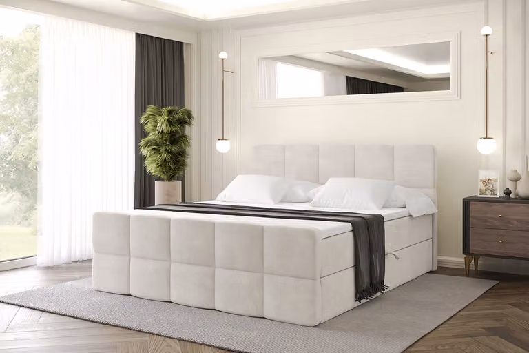 Letto boxspring ALTDECOR con materasso e rete a doghe, topper, letto imbottito con contenitore, letto con spazio contenitivo e materasso H3, letto matrimoniale, letto a cassettoni - LIRO-Z - 120x200 - Beige Casablanca
