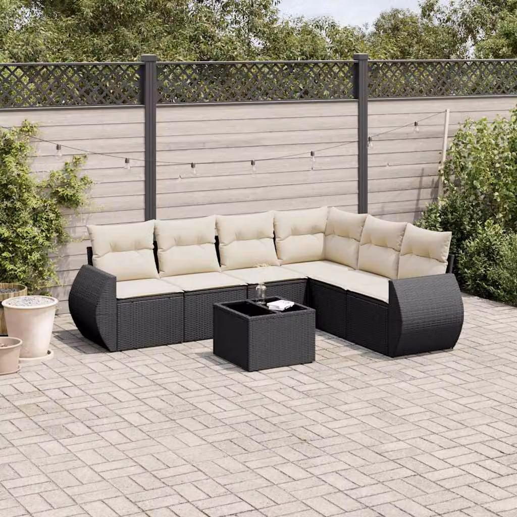 vidaXL Set Divano da Giardino a L con 7 Cuscini, Polyrattan e Metallo, Nero e Bianco – 1