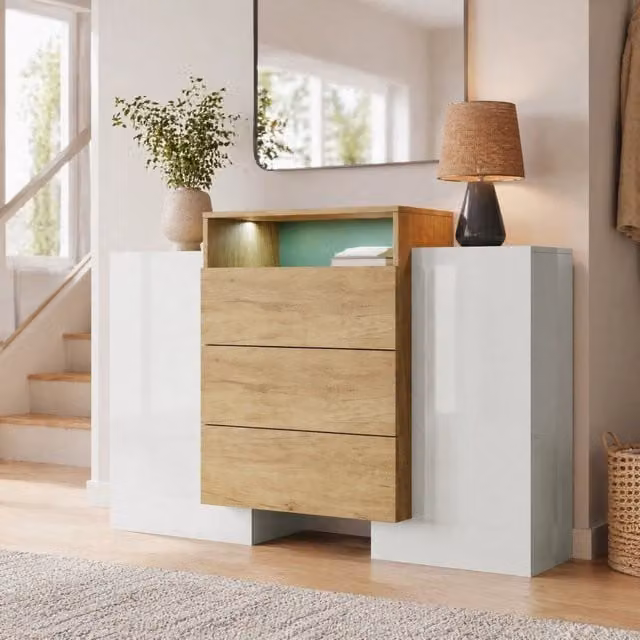 Madia REDOM in MDF Bianco lucido con effetto legno e LED multicolore L: 140 cm, H: 77,5 cm, P: 30 cm