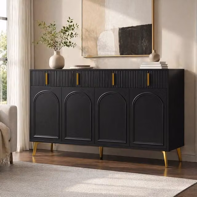 Credenza sideboard 140x38x82 cm con 4 ante; 4 cassetti e ripiani regolabili; MDF nero