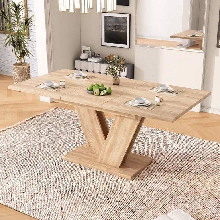 Tavolo da pranzo allungabile Flieks 140-180x80x74,5 cm, tavolo da cucina rettangolare per 4-6 persone, tavolo da pranzo con gambe a forma di V, finitura naturale