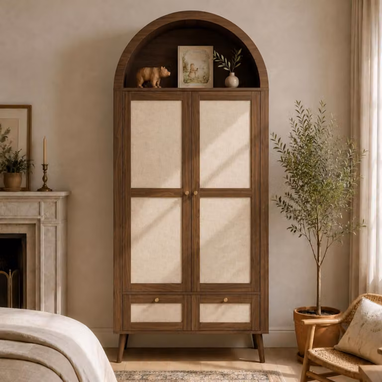 Armadio Merax con 2 ante e 2 cassetti, mobile alto con forma ad arco, asta appendiabiti, ripiano aperto, armadio da ingresso con aspetto rattan, noce