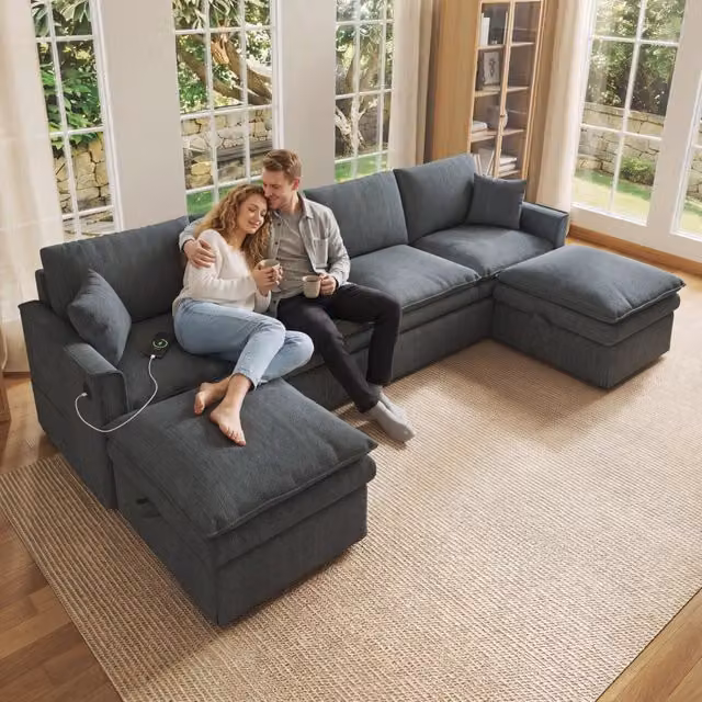Divano angolare a U/L 6 posti in tessuto cotone-lino grigio, 277x80x135 cm, con 2 pouf mobili con contenitore e 2 cuscini, per soggiorno/camera