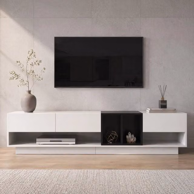 Mobile TV in pannello truciolare lucido 190x40x42 cm con 3 cassetti; bianco