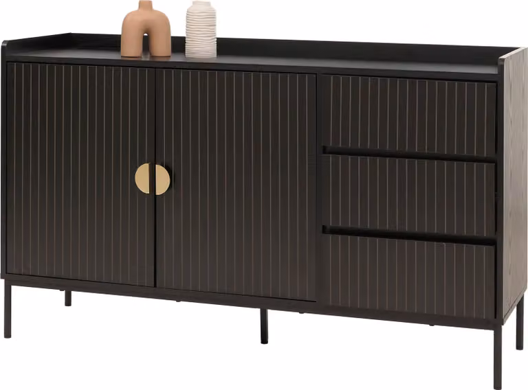 Credenza MCW-O39, cassettiera, 3 cassetti e 2 ante, melaminato effetto legno 80x130x42 cm ~ effetto legno nero