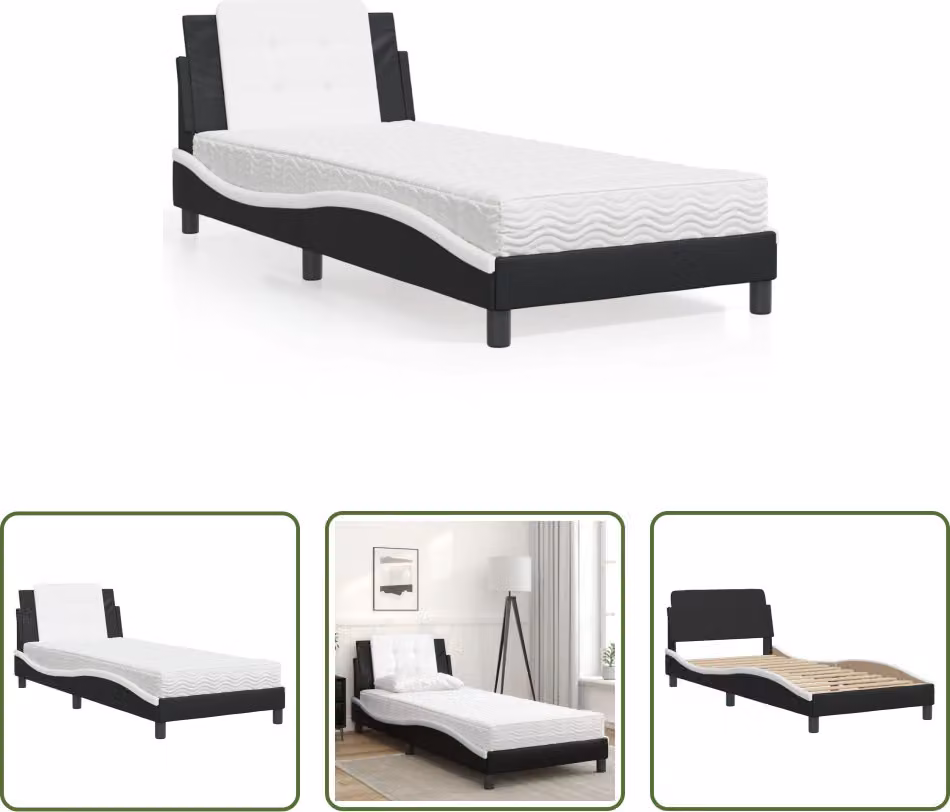 The Living Store Letto con materasso bianco e nero 90x190 cm in ecopelle