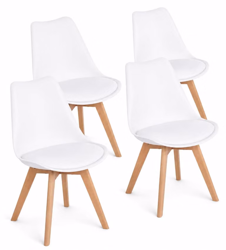 Set di 4 sedie da pranzo, stile scandinavo, rivestite in ecopelle, gambe in legno di faggio, colore bianco