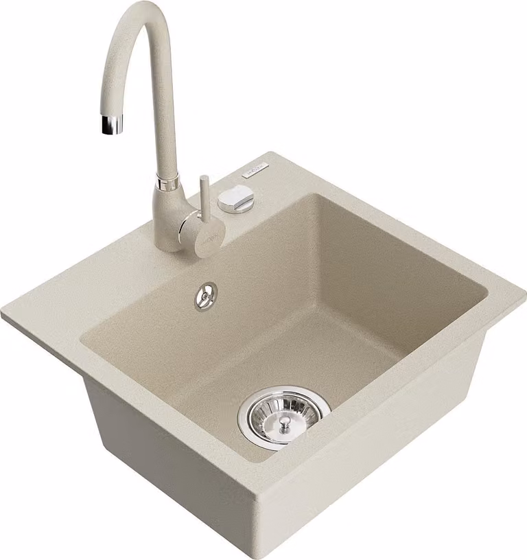 Mexen Milo lavello in granito a 1 vasca con rubinetto da cucina Telma, beige - 6505-69-670200-69