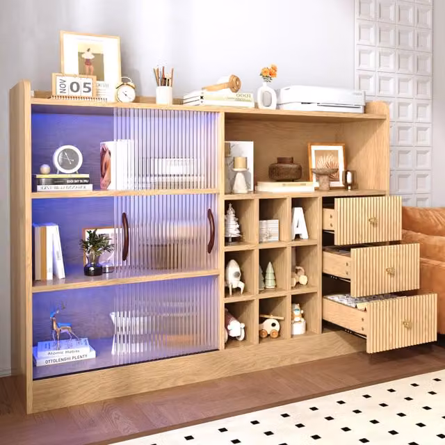 Mobile porta vino retro 120 cm con ante scorrevoli in vetro semitrasparente, illuminazione LED e scaffali a scacchiera, per soggiorno e sala da pranzo