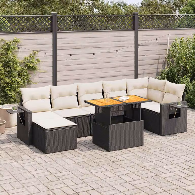 Set Divano da Giardino a L vidaXL in Polyrattan con Cuscini e Tavolino, 8 Pezzi, Nero e Bianco