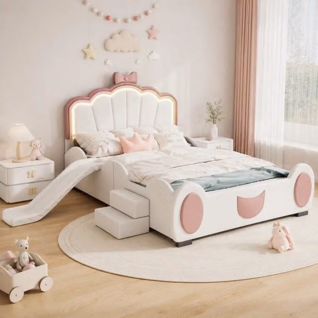 Letto per bambini ULEVR 140x200 cm a farfalla con LED multicolore, scivolo e scaletta, rosa e bianco