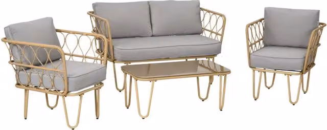 Set da Giardino Divano 2 Poltrone e Tavolino in Rattan PE Giallo