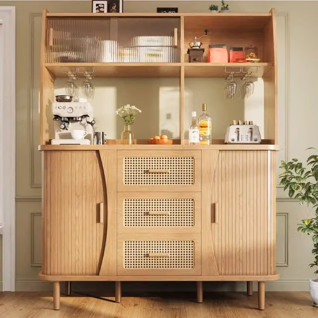 Buffet con Ante in Vetro Scorrevoli e Rattan ¨C MINIMAL ¨C Legno/Noce, 174,5 cm, 60 kg