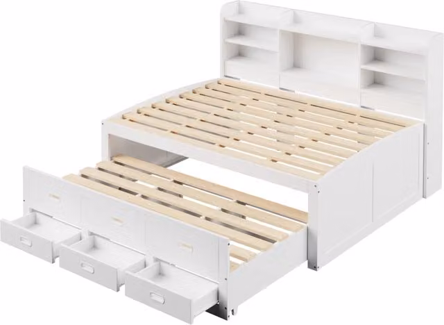 Divano letto multifunzionale bianco 140x200 cm con LED, 3 cassetti, USB+Type-C, senza materasso