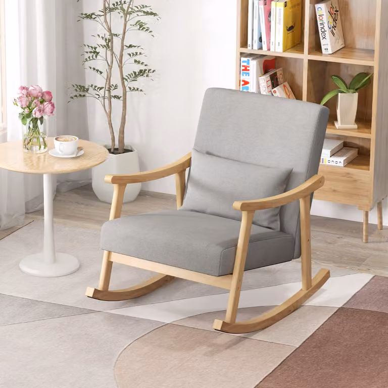 Poltrona a dondolo Costway in legno di gomma con braccioli e sedile imbottito in tessuto, stile scandinavo per interni, colore naturale