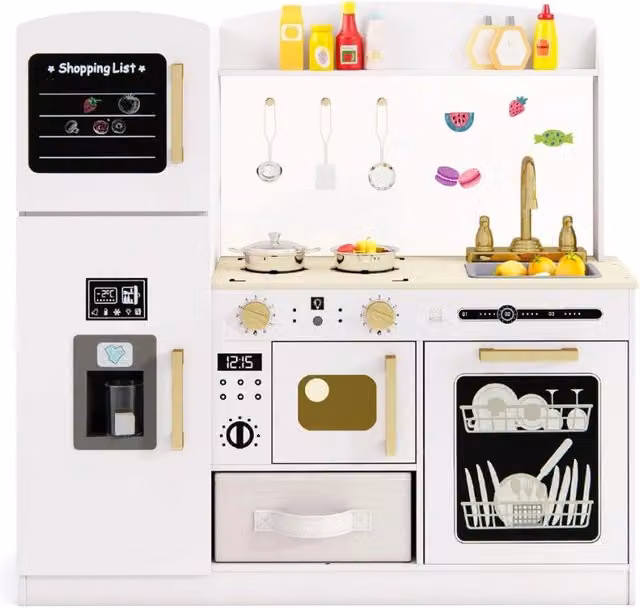 Set cucina giocattolo in legno 86 x 27 x 83 cm con microonde luminoso e lavello ergonomico moderno in bianco 20_0011593
