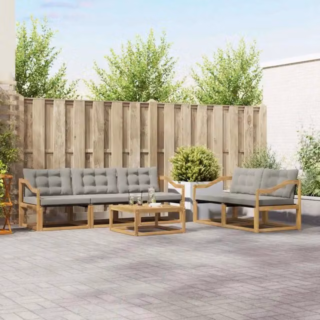 Set di divani da esterno moderno vidaXL in legno di acacia e textilene, 6 pezzi, Bianco e Grigio