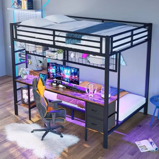 Letto a soppalco MIVRAY nero con scrivania, cassetti, ripiani, luce LED a 7 colori e porta USB in metallo e MDF, L/P/H: 204 x 140 x 145 cm