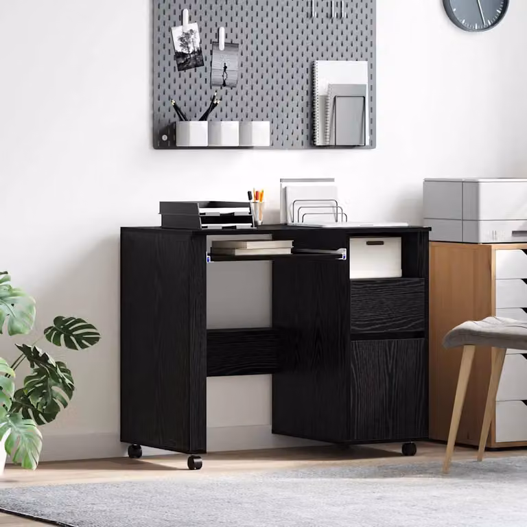 Scrivania da ufficio moderna vidaXL in legno MDF color nero e rovere con ruote L: 120 cm, P: 60 cm, H: 75 cm