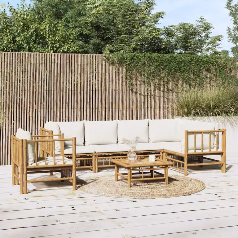 Set Salotto da Giardino vidaXL in Legno di Bambù Trattato con Cuscini, 7 Pezzi, Bianco Beige e Marrone
