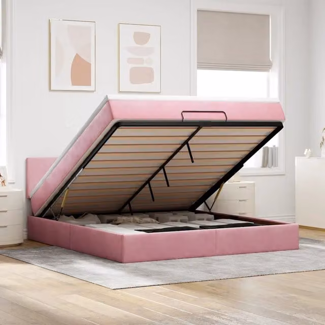 Letto con contenitore a sollevamento vidaXL in velluto rosa e bianco L: 160 cm, P: 200 cm, H: 88 cm – 1