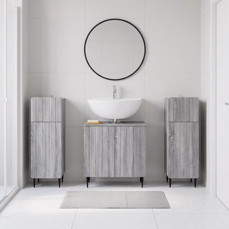 Set di mobili da bagno vidaXL ZWOLLE in 3 pezzi color grigio Sonoma con mobile lavabo e armadietti laterali