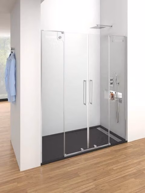 Box doccia rettangolare VETRUM con 2 ante fisse e 2 scorrevoli, trasparente, in acciaio inox lucido, L: 150 cm