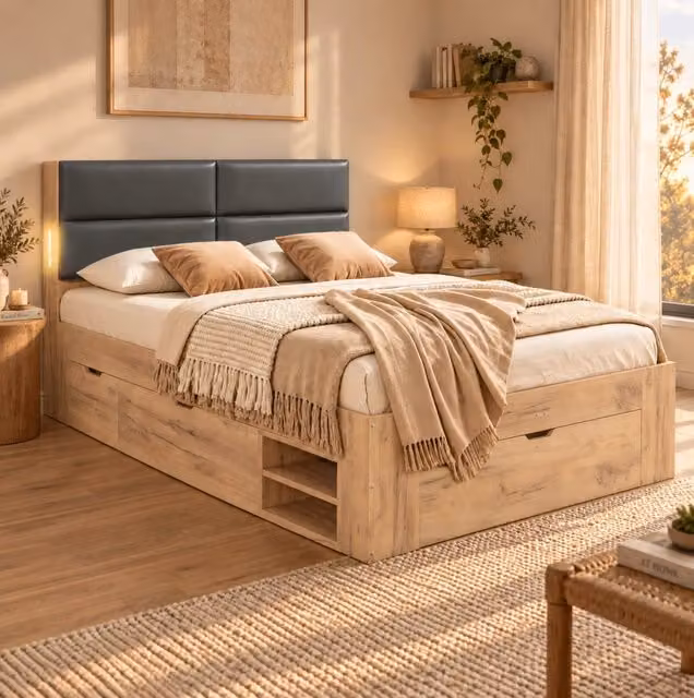 Letto 140x200 cm in MDF con cassetti; vani estraibili; luce notturna e porte USB/USB-C