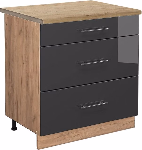 Mobiletto base per cucina Fame-Line Antracite lucido/Rovere dorato 80 cm con 3 cassetti, PL Rovere Vicco