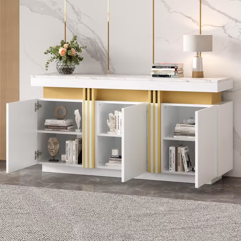 okwish mobile da cucina senza maniglie con 3 ante, mobile da pranzo con ripiani regolabili, mobile a portata di mano con cuciture platinate, per cucina, soggiorno, sala da pranzo, bianco