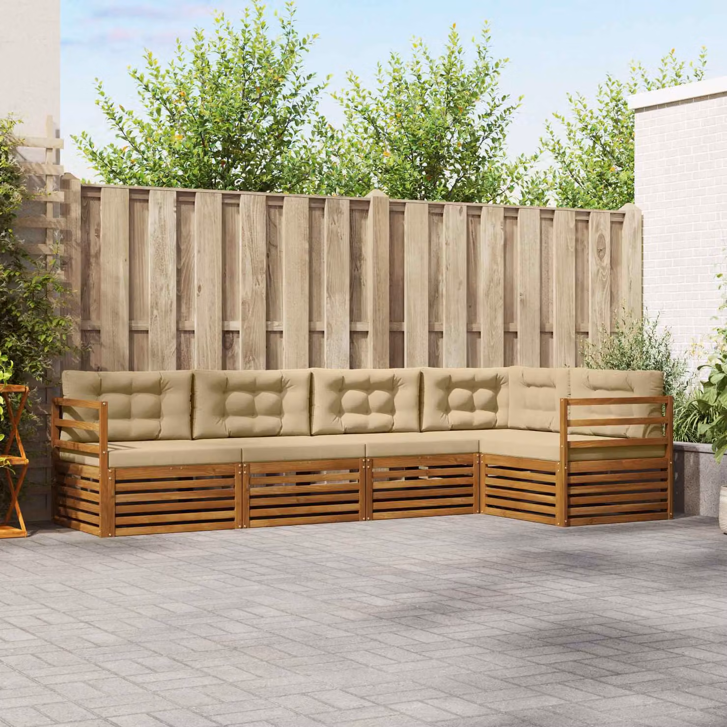 Set di divani da esterno a L vidaXL in legno di acacia con cuscini, Beige e Marrone