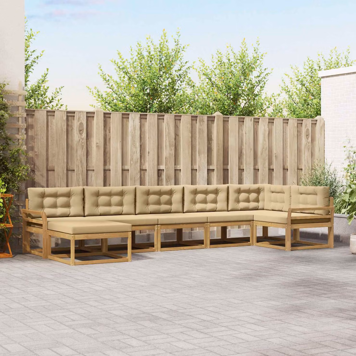 Set di divani da esterno vidaXL a forma di L in legno di acacia con cuscini, Bianco e Beige