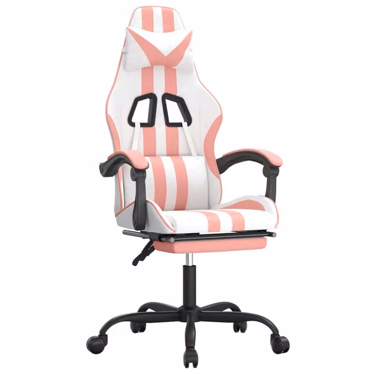 Sedia da Gaming con Poggiapiedi Bianco e Rosa in Pelle finta
