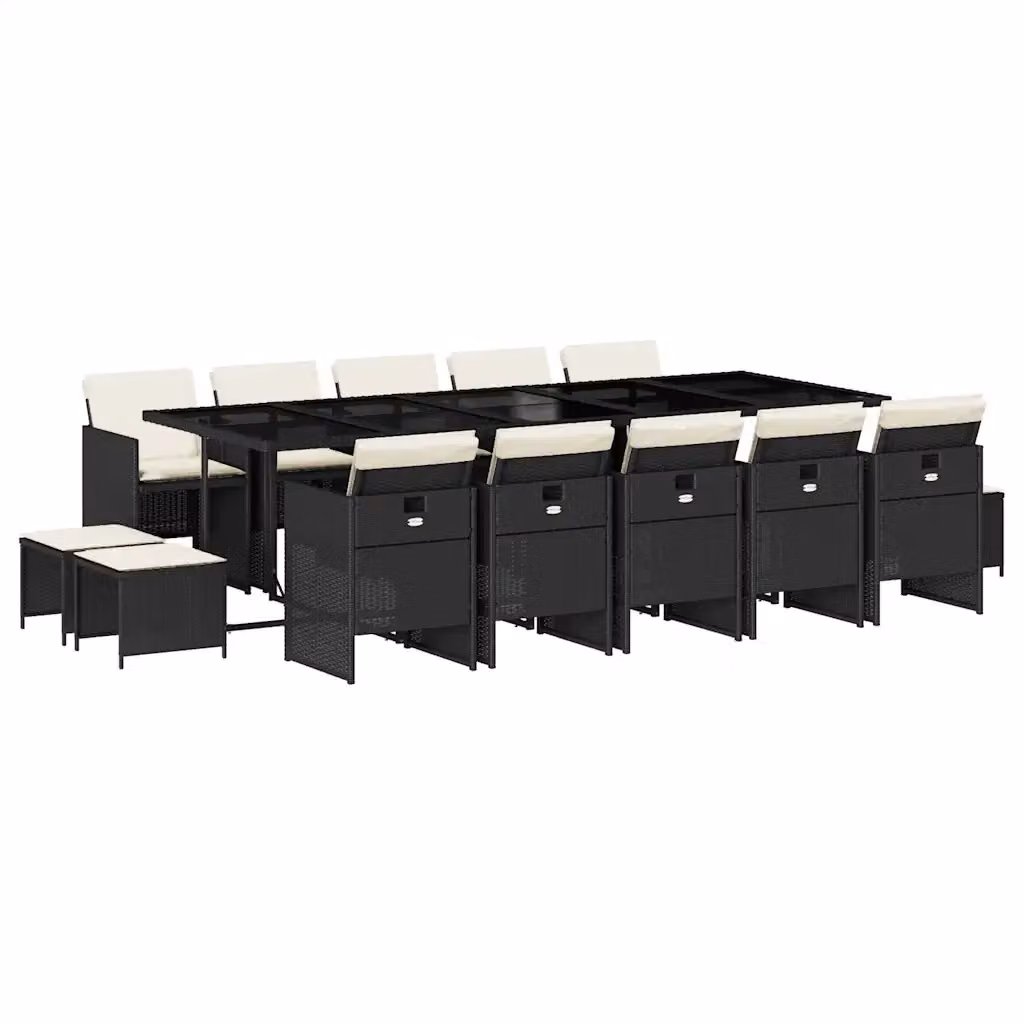 Set da Pranzo da Giardino vidaXL in Polyrattan Nero con Cuscini e Tavolo in Vetro, 15 Pezzi – 2