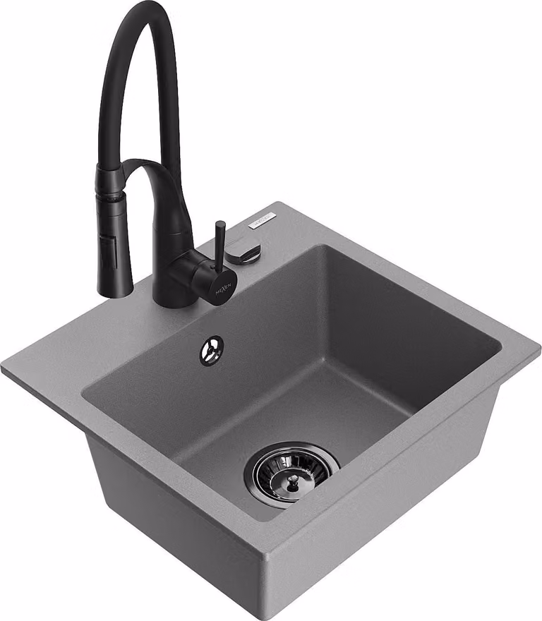 Mexen Milo lavabo cucina in granito a 1 vasca con rubinetto Aster, grigio - 6505-71-73450-70-B
