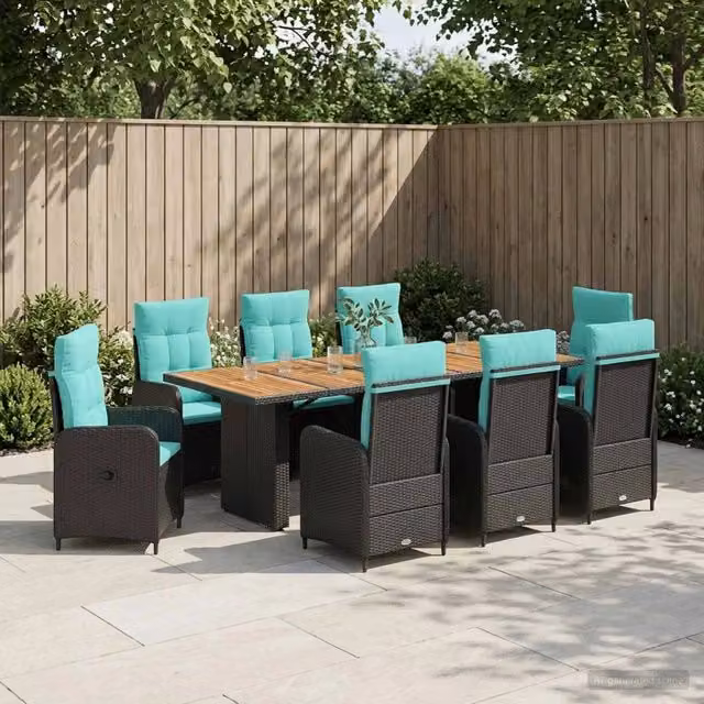 Set da pranzo per esterni vidaXL in polyrattan e legno di acacia, 9 pezzi, Nero e Turchese, L: 240 cm, P: 90 cm, H: 75 cm – 1