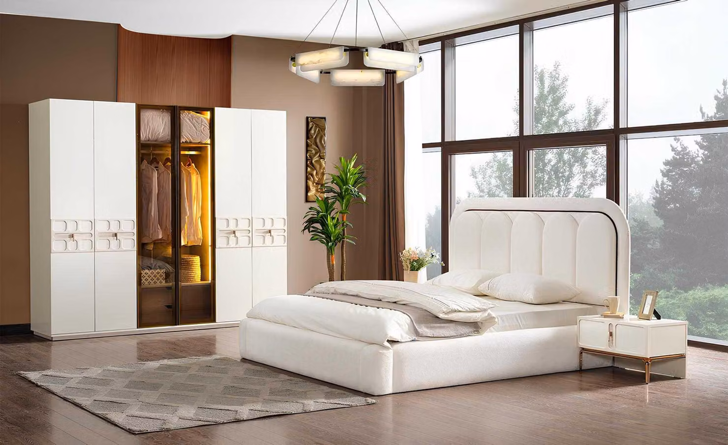 Exklusive Weiße Schlafzimmer Garnitur Textilbett Kleiderschrank Tische