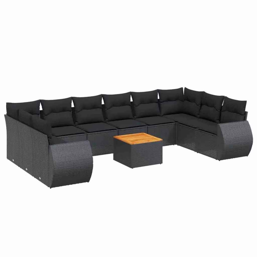 vidaXL Set Divani da Giardino 11 pz a Forma di L in Polyrattan Nero con Cuscini e Tavolino – 2