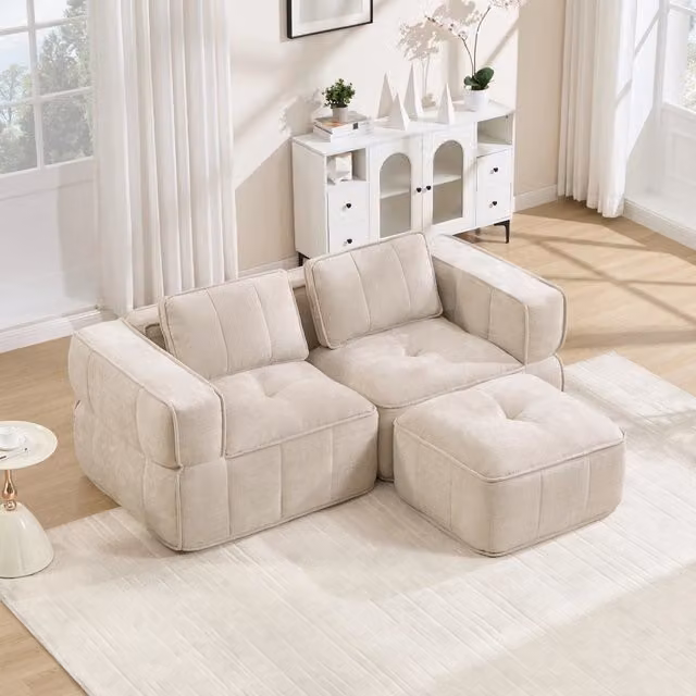 Divano angolare modulare 2 posti senza telaio con pouf, seduta profonda e braccioli larghi in poliestere beige
