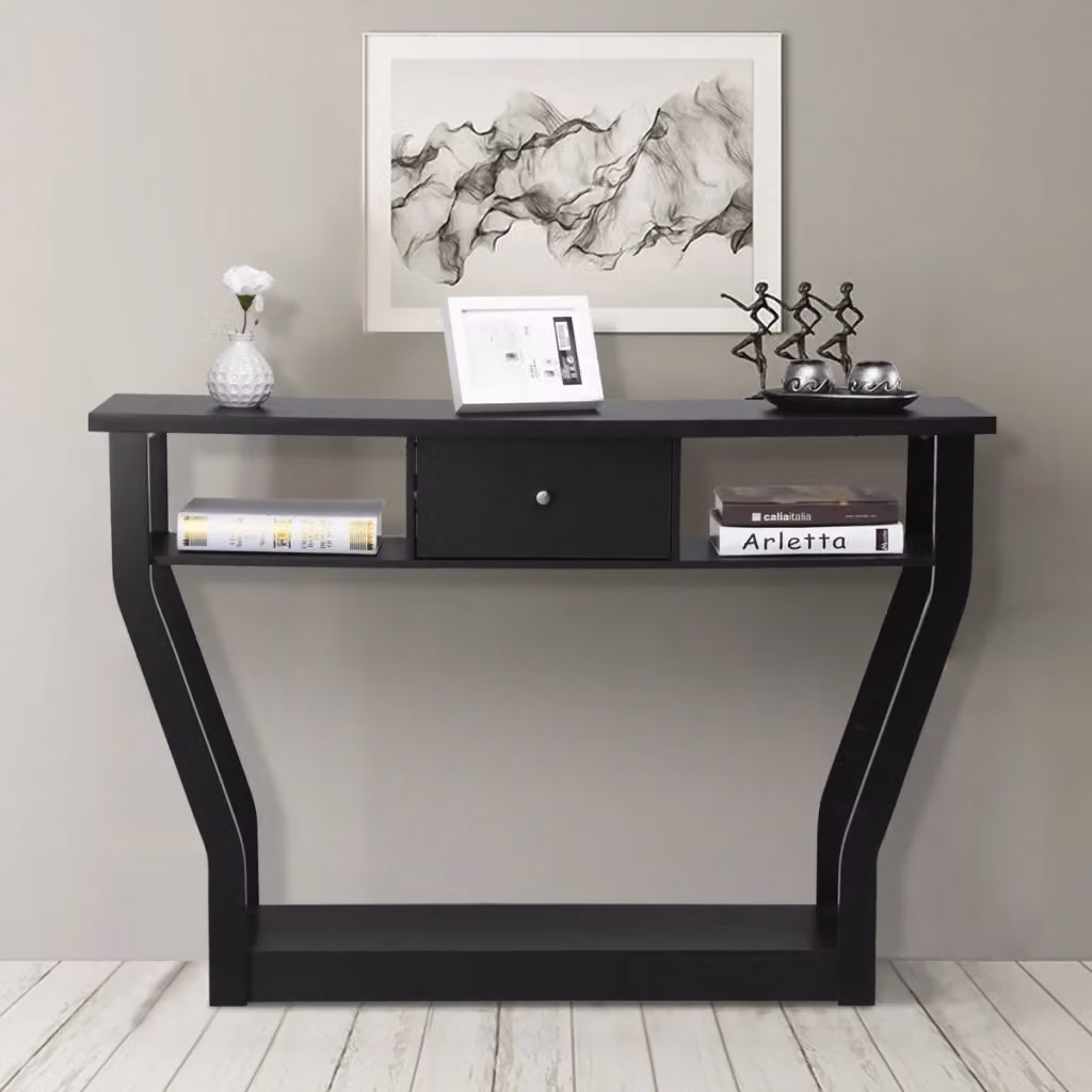 Consolle multifunzione con cassetto e 3 ripiani per ingresso, salotto o ufficio, Design Moderno, Nero, L 120 x P 30 x H 81 cm – 2
