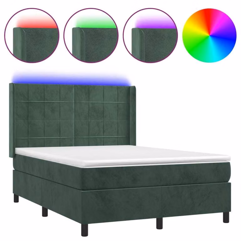 Letto a Molle con Materasso e LED Verde Scuro 140x190cm Velluto