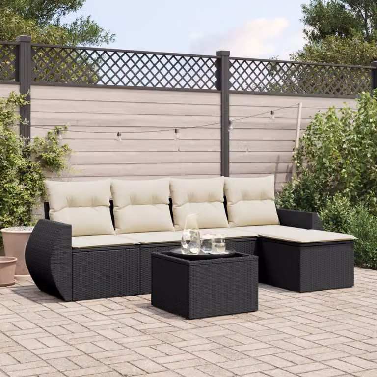 vidaXL Set Divano da Giardino 6 pz a L in Polyrattan Nero con Cuscini e Tavolino