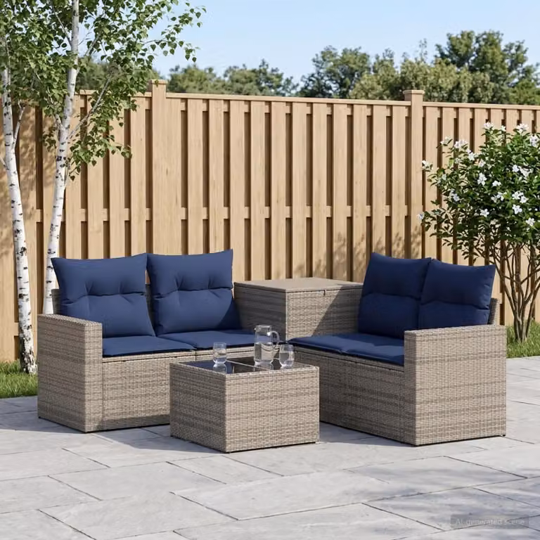 Set di divani da giardino vidaXL 6 pz a forma di L in rattan e acciaio con cuscini Grigio e Blu Navy