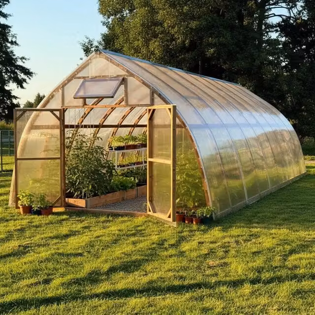 Serra da giardino Arched Wood in legno con doppie porte e rivestimento in policarbonato trasparente da 20 m², L: 5 m, P: 4 m, H: 3,2 m – 1