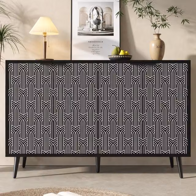Madia con ripiani regolabili a 3 livelli in MDF nero con ante geometriche e gambe in metallo 120 × 35 × 78 cm