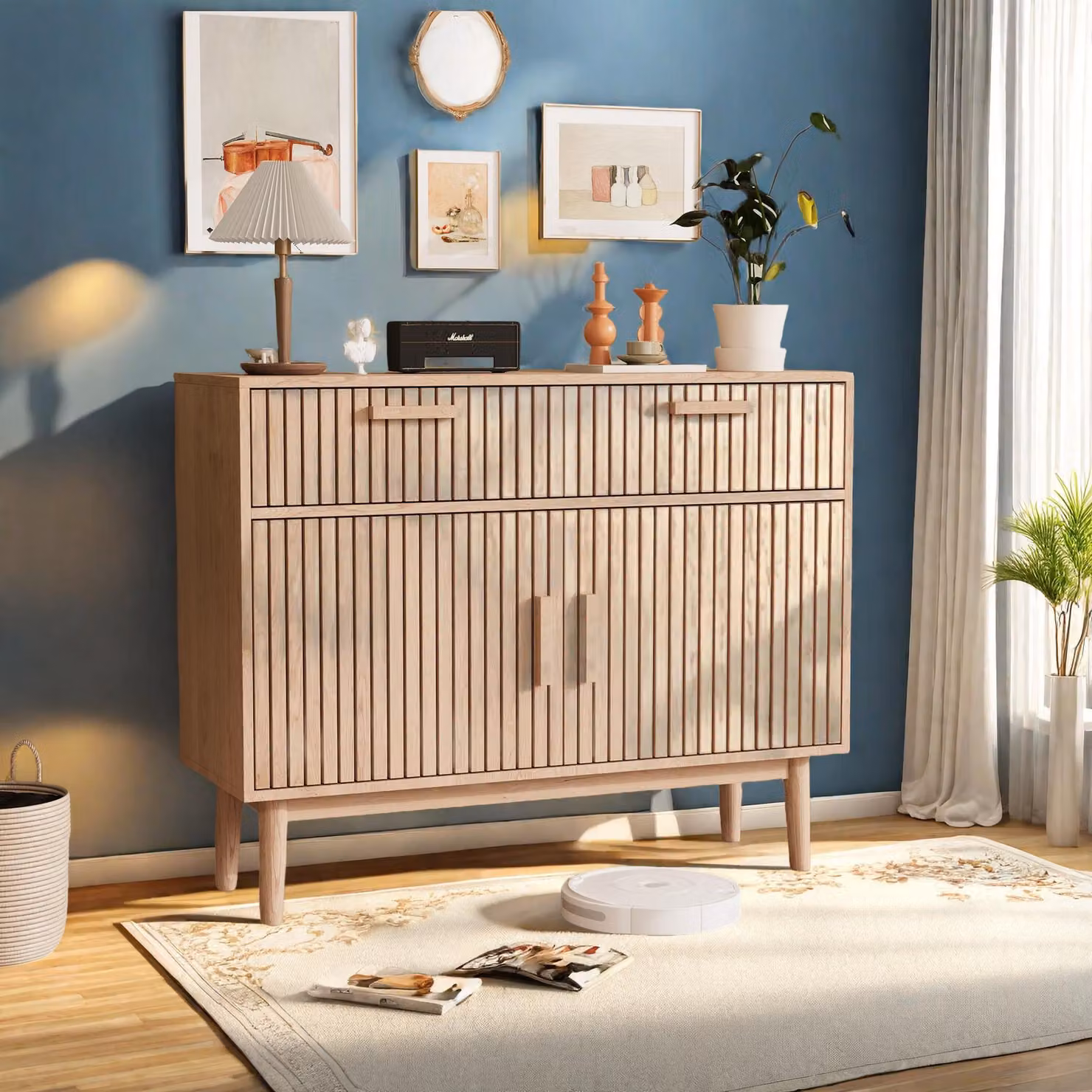 Credenza / credenza in legno UnboxG, 2 cassetti e 2 ante, colori naturali