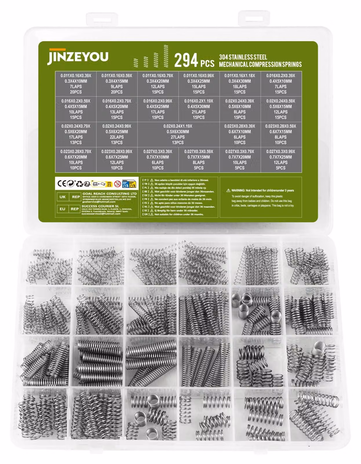 Assortimento di molle a compressione, 294 pezzi, acciaio inossidabile, 23 diverse dimensioni